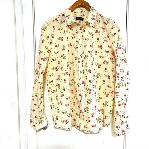 Erztiay Cherry print button down long sleeve top - Picture 1 of 6